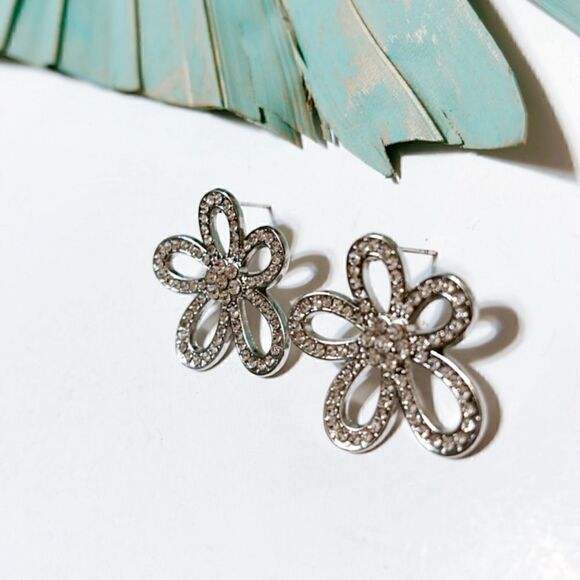 Silver flower diamond earrings #218 - Picture 3 of 4